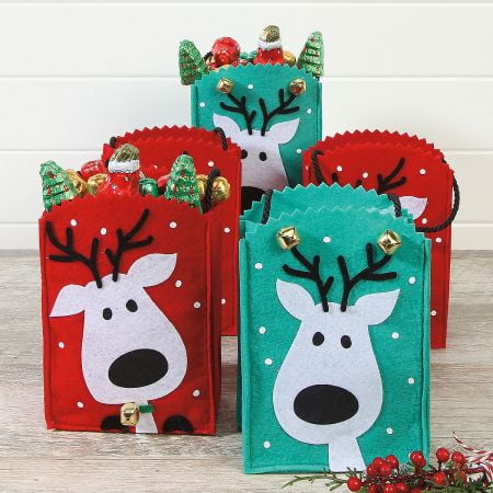Reindeer Gift Bag - Christmas Reindeer Felt Treat Bags- Set of 5 Fabric Holiday Goodie Bags