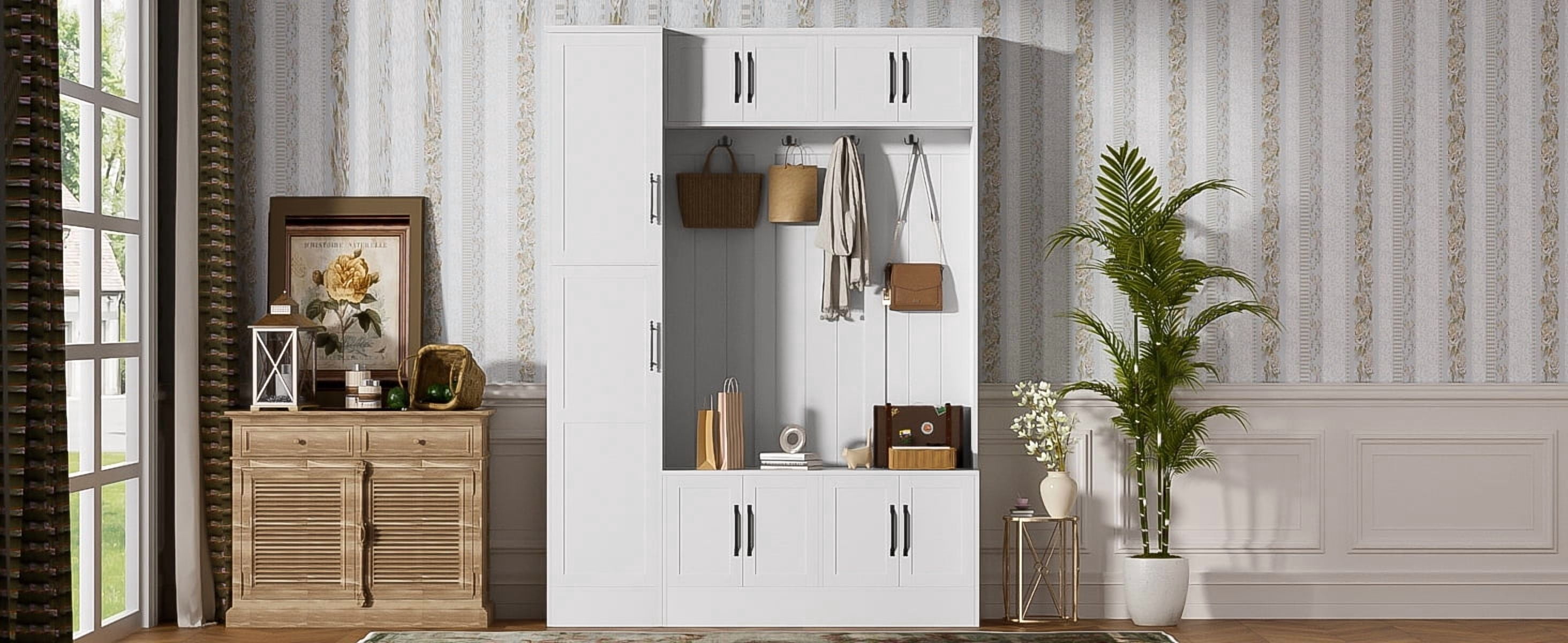 Euroco 79'' Tall Modern Hall Tree with Shoe Storage, 4-in-1 Entryway Bench with 6 Cabinets, 4 Coat Hooks & Adjustable Shelf for Hallway, living room, White