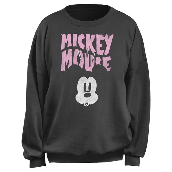 Junior's Mickey & Friends Distressed Surprised Pink Logo Sweatshirt Charcoal Medium