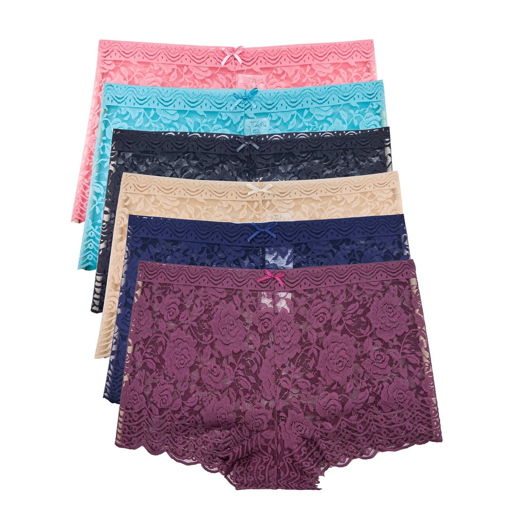 B2BODY Barbra Women's Lace Boy Shorts Panties Regular & Plus Size 6 Pack