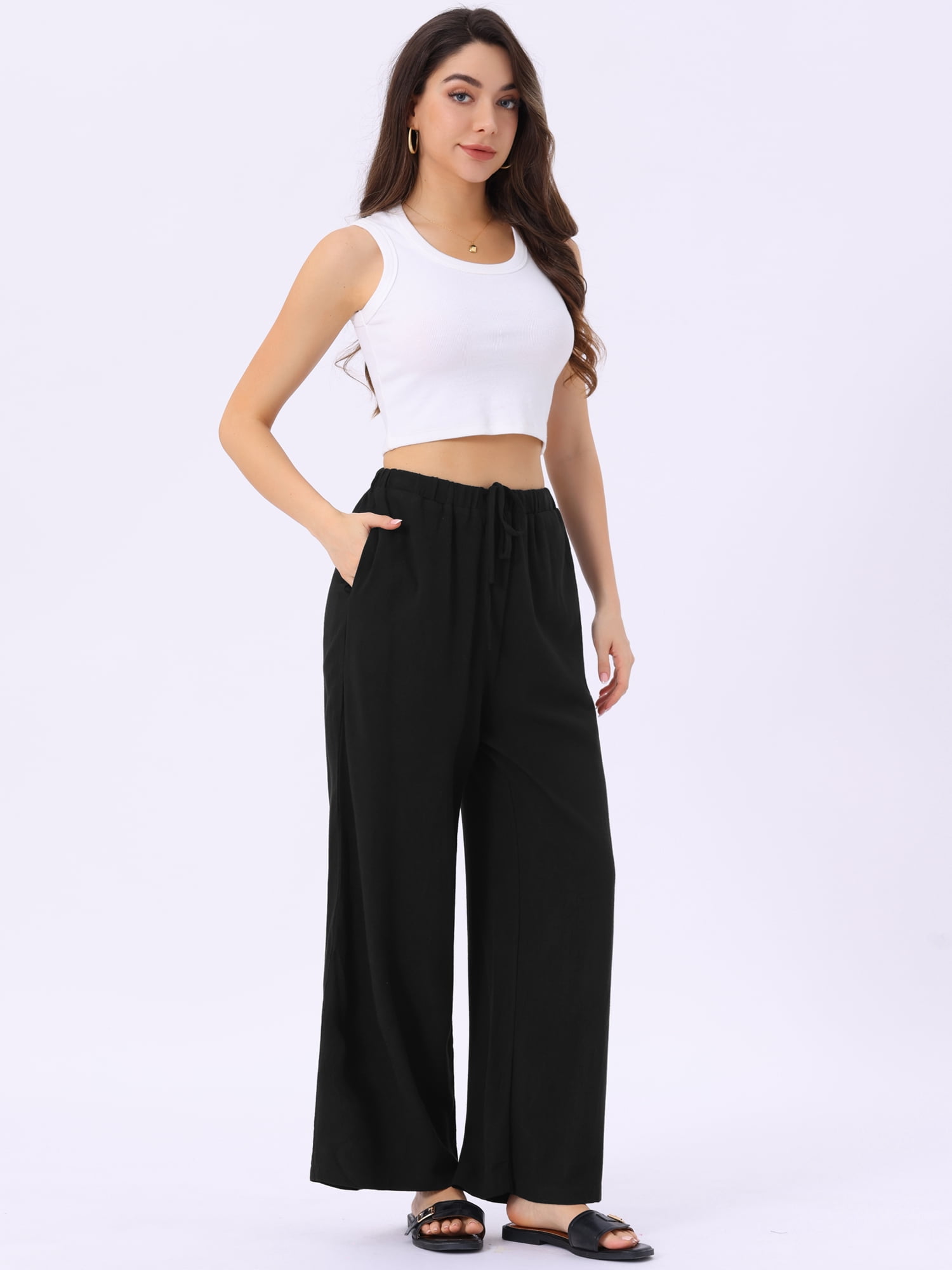 DARING DIVA Women's Linen Flowy Palazzo Trousers with Pockets XL Black