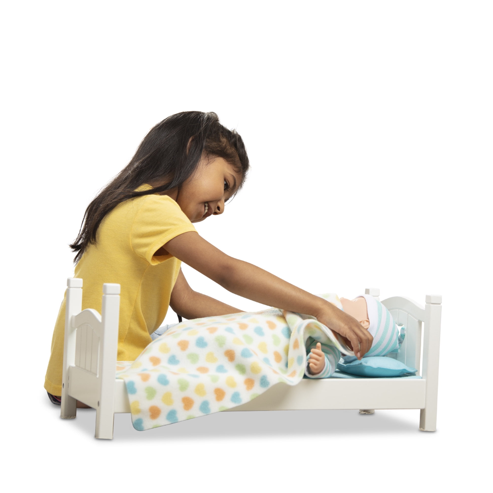 Melissa & Doug Mine to Love Wooden Play Bed for Dolls, Stuffed Animals - White (8.7”H x 9.1”W x 20.7”L Assembled)