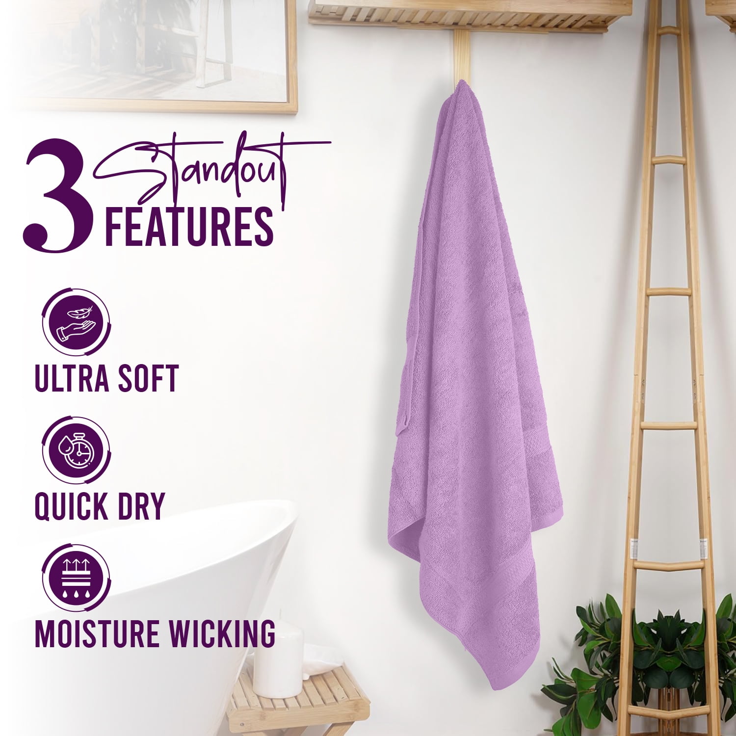 Dan River Bath Towel 4 Pack 27x54 in Ultra Soft Quick Drying Cotton Towel - Lavender