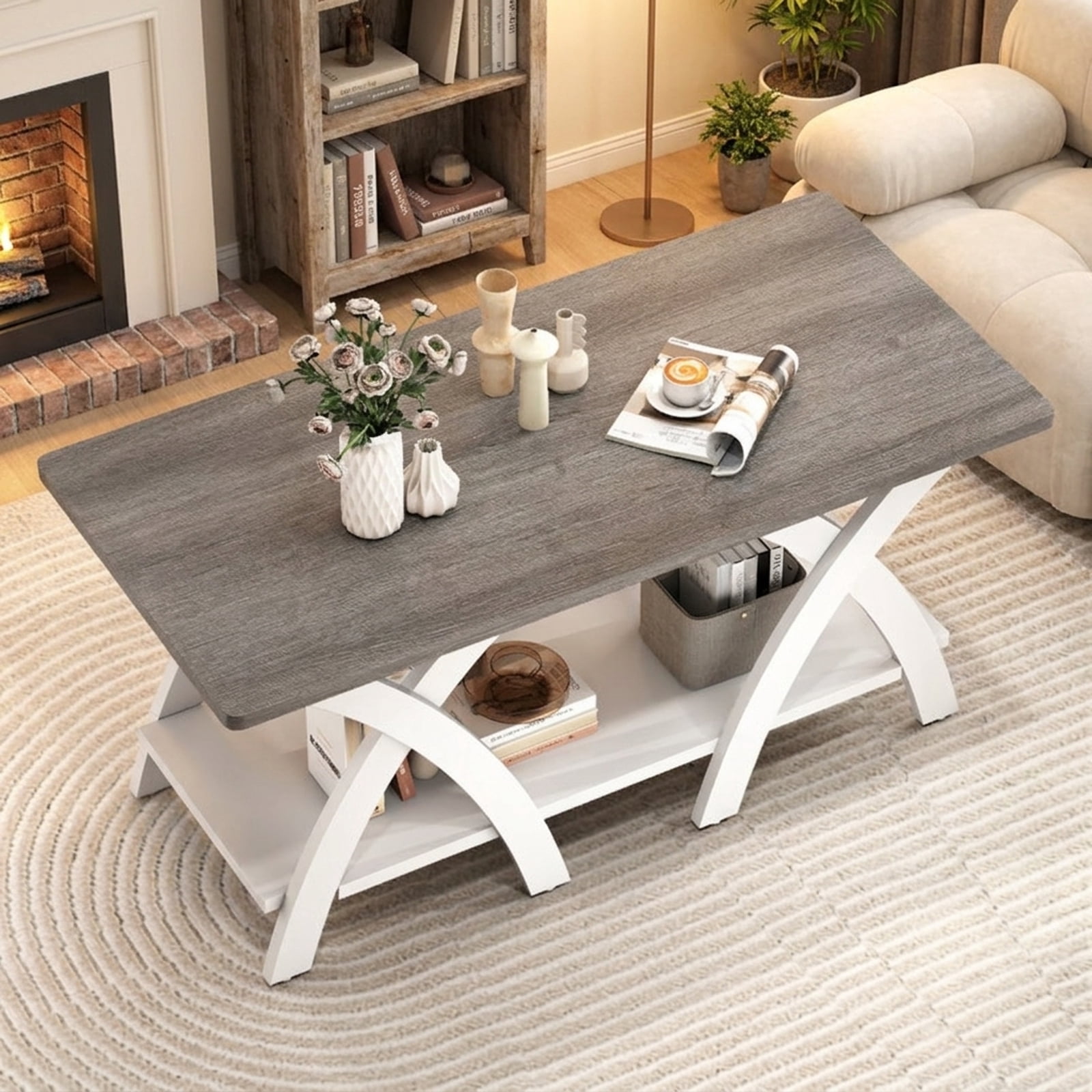 Furnibear 40 Inch Farmhouse Wooden Coffee Table with Storage Shelf with X-shaped Legs - Gray - Living Room Cocktail Center Table