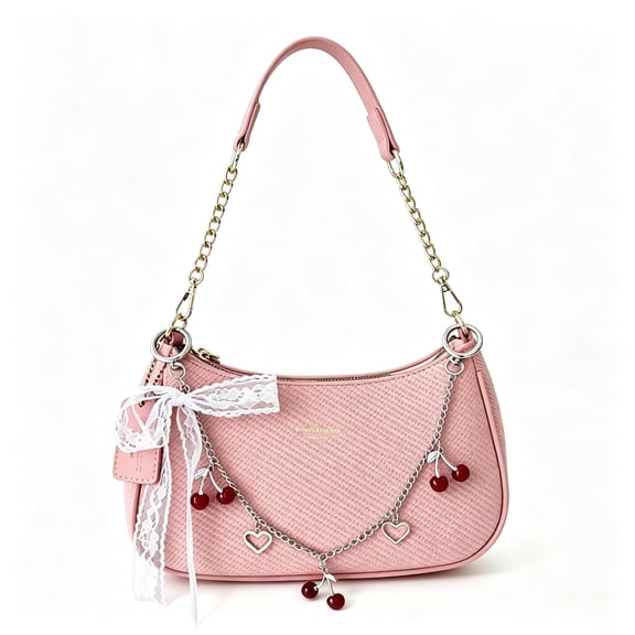 Women’s Pink Shoulder Bag, Cute Purse with Lace Bow, Heart Chain and Cherry Charms