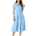 thumbnail image 2 of Chiccall Womens Puff Sleeve Maxi Dress Deep V-Neck Smocked Long Dress Flowy Zipper Back Summer Party Dress Light Blue L, 2 of 5
