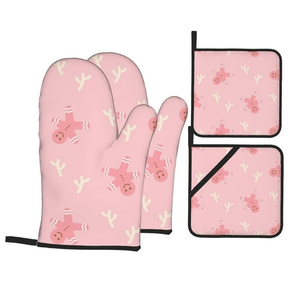 TEQUAN Oven Mitts and Pot Holders Set of 4, Pink Christmas Gingerbread Man Pattern Heat Resistant Kitchen Glove for Baking Cooking Grilling