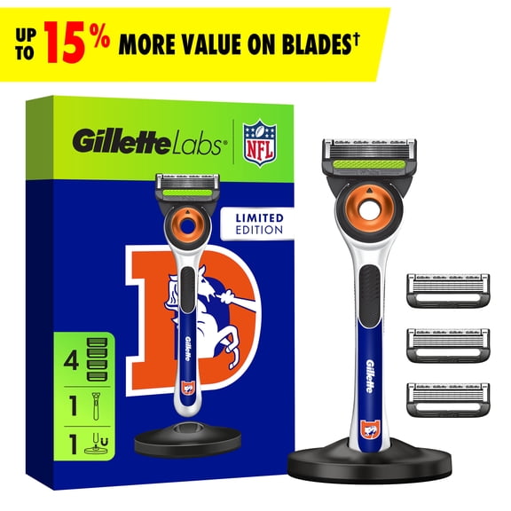 Gillette Labs Official Broncos Licensed Razor for Men, Perfect for Game Day Grooming, Gillette Labs with Exfoliating Bar, 1 Handle, 4 Blade Refills, with Magnetic Stand