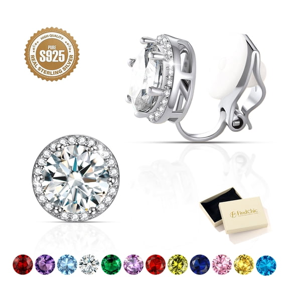 FindChic Pure Sterling Silver Clip On Earrings for Women, Round 8MM Cubic Zirconia Non Pierced Studs Synthetic Diamond Birthstone Earrings Birthday Mothers Day Jewelry Gifts Her Mom Lady Adults Ideas