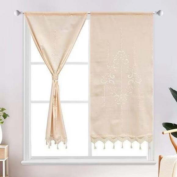 ZH.H Handmade Kitchen Cotton Linen Crochet Curtain Hollow Tassel Valance 27" x 59" Beige 1 Panel