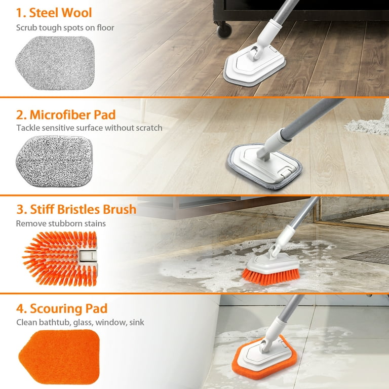 JEHONN 4-in-1 Tile Tub Scrubber with Long Handle, Upgraded Shower Cleaning  Brush (Orange) 