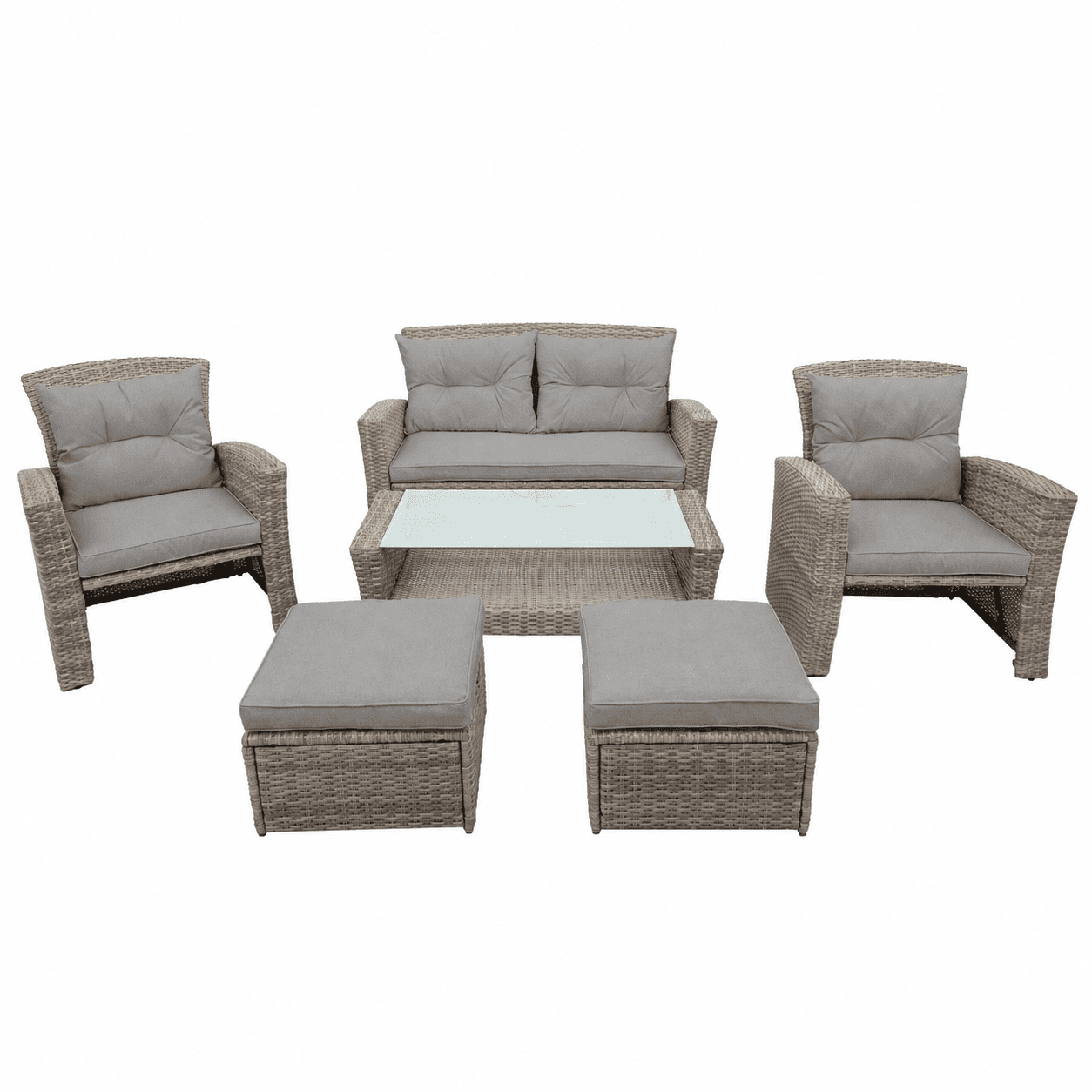 6-Piece Outdoor Patio Furniture Set,Multi-Functional 32-inch Outdoor Fire Pit,All-Weather PE Rattan Seating Setand, 4 Cushions,Suitable for Patios, Gardens, and Backyards ,Gray.