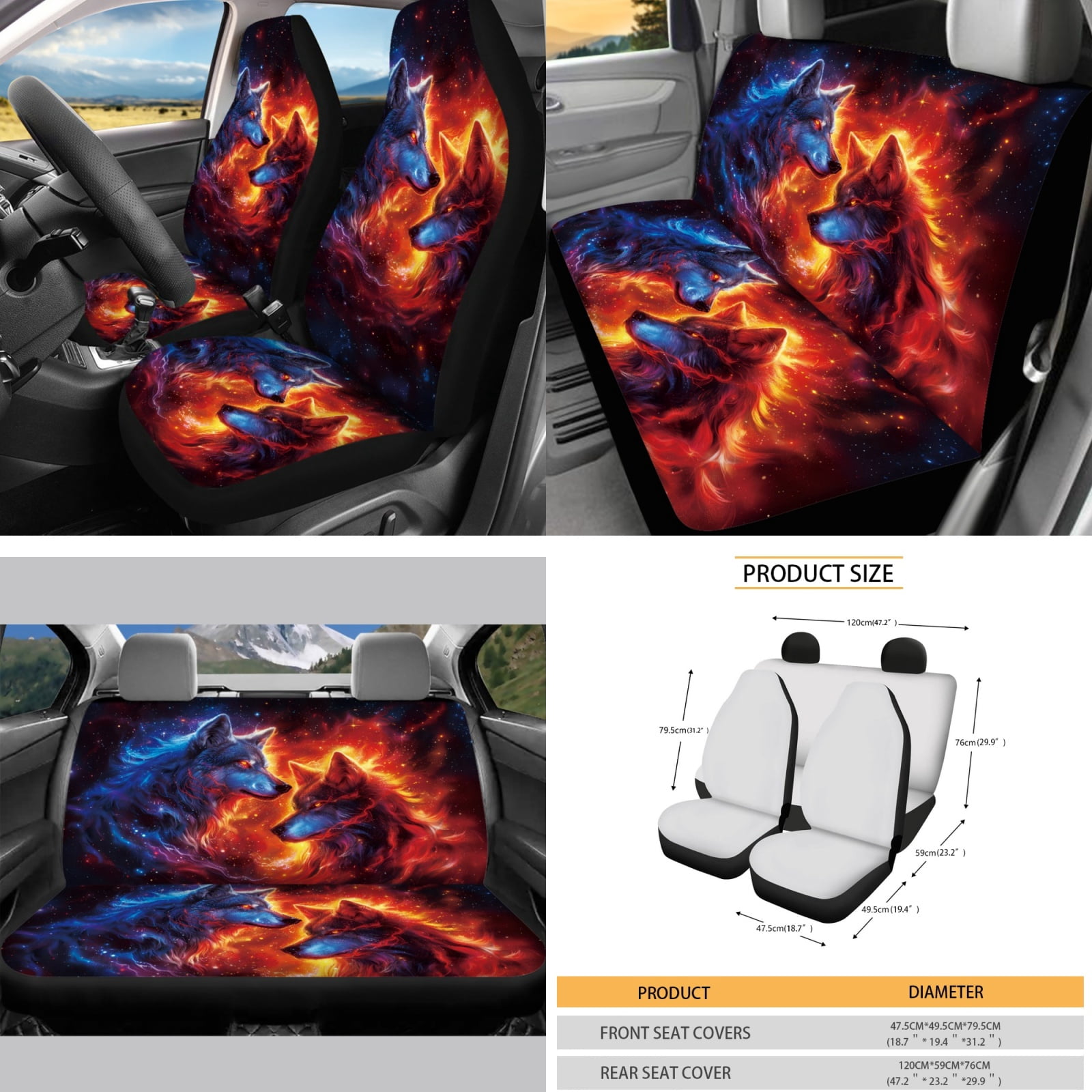 Yuyamidu Galaxy Car Seat Covers Full Set of 16 Fire Wolf Steering Wheel Cover Seat Belt Pad Sunshade Rearview Mirror Cover Car Coasters Key Chain Gear Shift Knob Cover Fit Most Vehicles