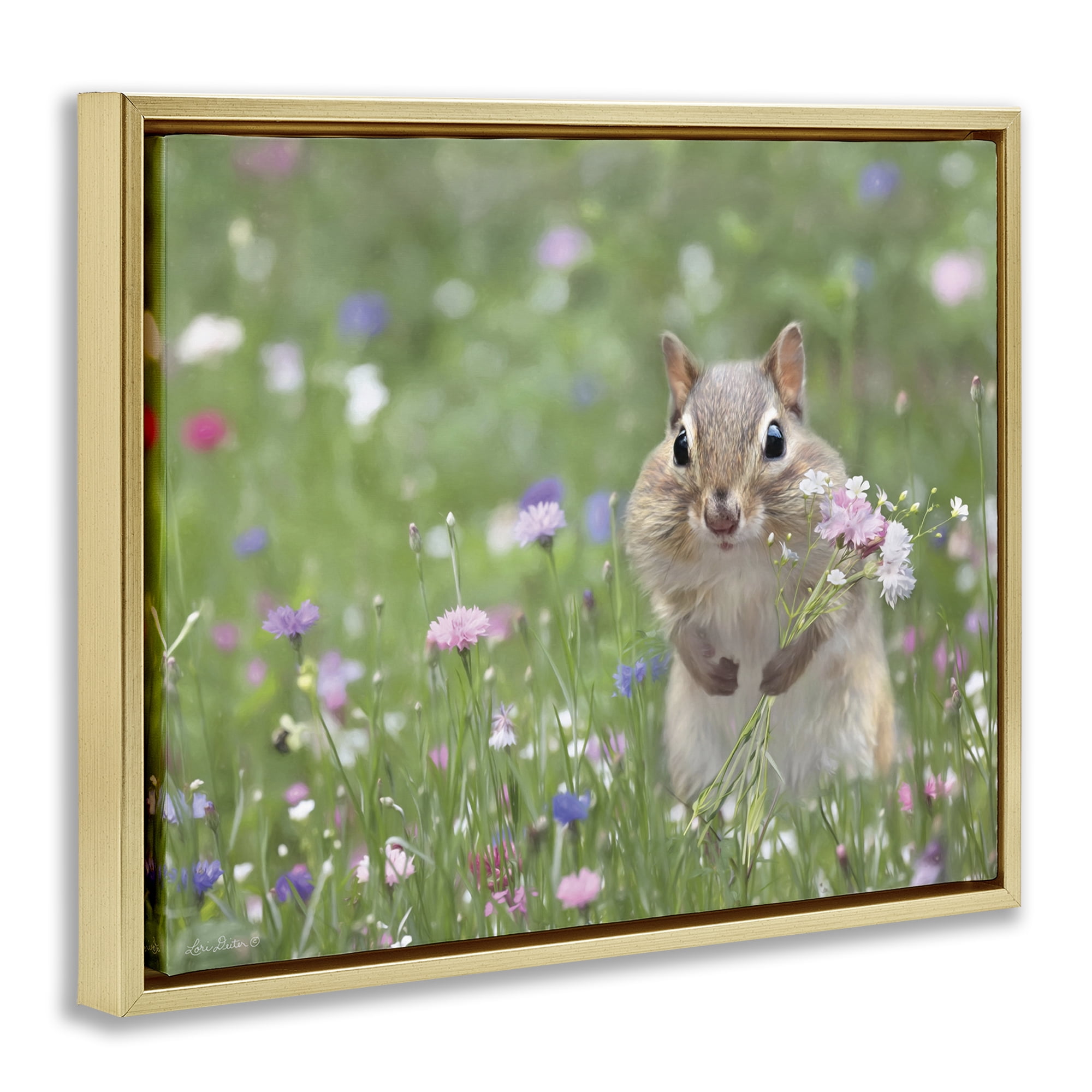 Stupell Industries Chipmunk Picking Flowers Animals & Insects Painting Gold Floater Framed Canvas Art Print Wall Art, 21 x 17