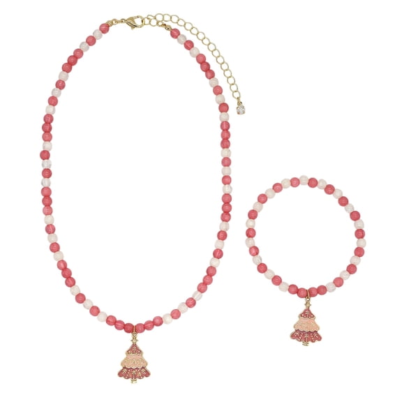 Holiday Time Pink and White Beaded Necklace and Stretch Bracelet with Glitter Christmas Tree Charms, 2-Piece Set