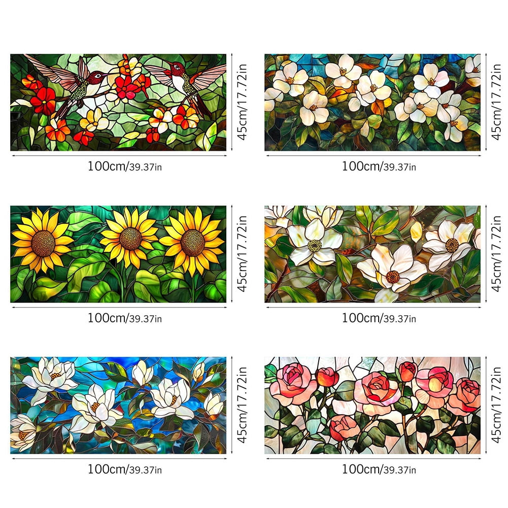 Stained Glass Window Film, Flower Static Cling Window Privacy Film Decorative UV Sun Blocking Non-Adhesive Glass Window Covering for Home Bathroom