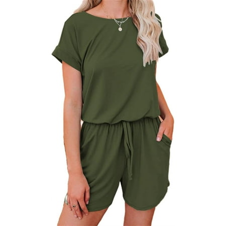 

DanceeMangoos Women s Short Sleeve Cotton Romper Crewneck Solid Color Elastic Waist Jumpsuit Overall with Pockets