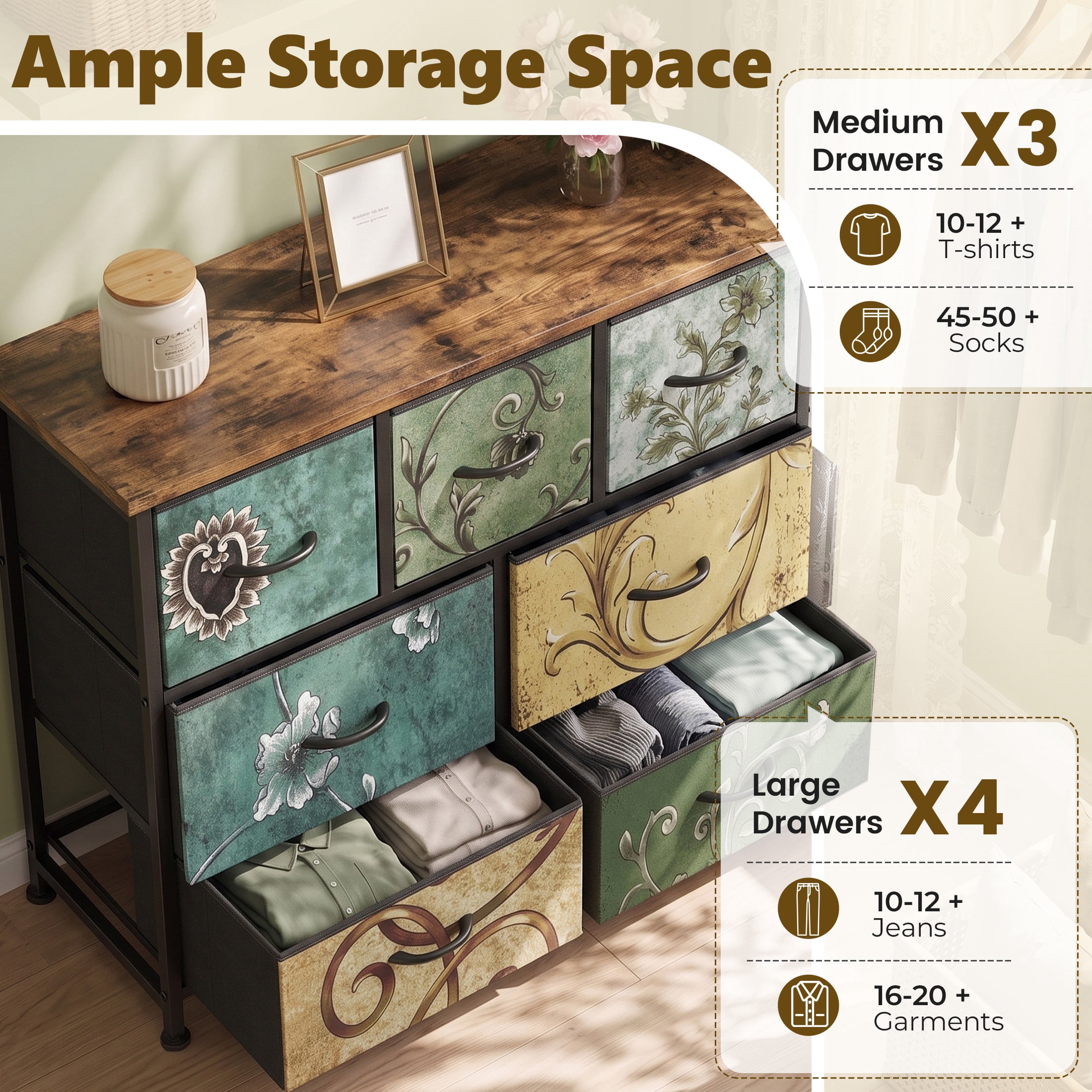 Gianna Chest of Drawers with 7 Fabric Drawers, Drawer Cabinet, Organization Furniture for Kitchen, Office, Hallway, Floral Painted