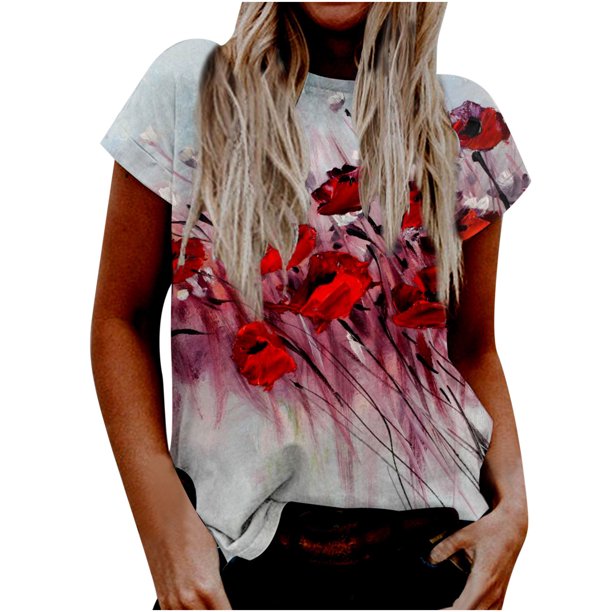 Blusa superior de camiseta de manga corta con estampado digital de cuello redondo casual de moda para mujer Pompotops hkajfhjk469866