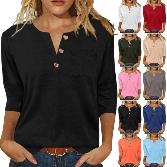 Purcolt Womens Tops 3/4 Sleeve V Neck Button Down Henley Shirts Business Casual Outfit Basic Tees Summer Top