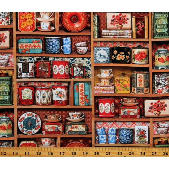 Cotton Tea Tins Teacups Mugs Shelves Vintage-Look Library of Rarities Antique Cotton Fabric Print by the Yard (AHJD-22026-199ANTIQUE)