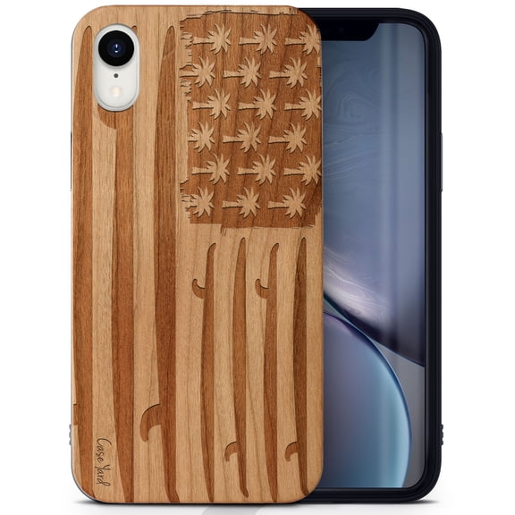 Case Yard Wooden Case Outside Soft TPU Silicone, Slim Fit Shockproof Wood Protective Phone Cover for Girls Boys Men and Women, Supports Wireless Charging Surfing Flag Design case for iPhone-XR