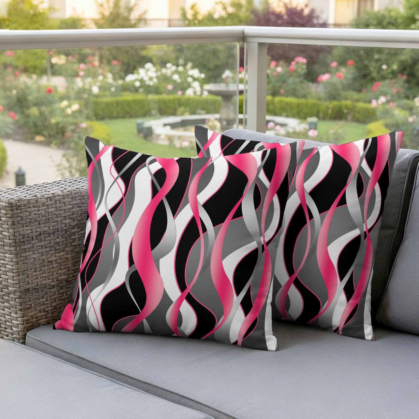 Pink Stripe Outdoor Waterproof Pillow Covers, Gradient Grey Moire Geometric Modern Abstract Decorative Square Throw Pillowcase Sofa Cushion Sham for Patio/Couch/Chair, 16"x16" 2 Pack