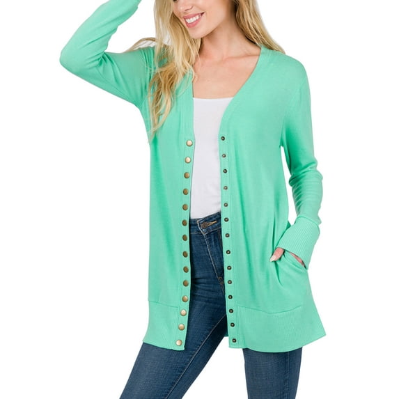 KOGMO Womens Long Knit Cardigan Sweater with Pockets and Snap Buttons Detail
