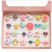 KIDDOPARK Little Girl Jewel Rings in Box, Adjustable, No Duplication, Girl Pretend Play and Dress Up Rings (24 Lovely Ring)