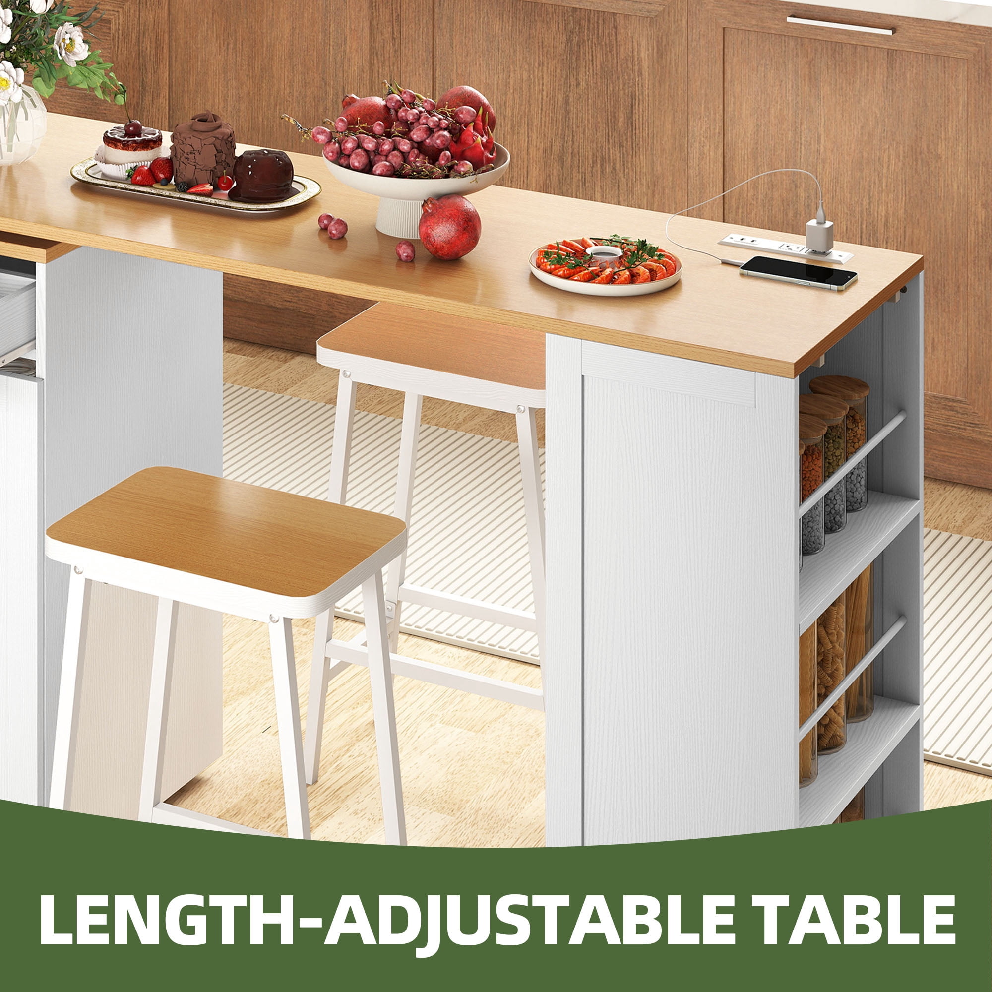 Uforic Extendable Kitchen Island with Power Outlets & 2 Stools, Kitchen Island Cart with Trash Storage Compartment, White