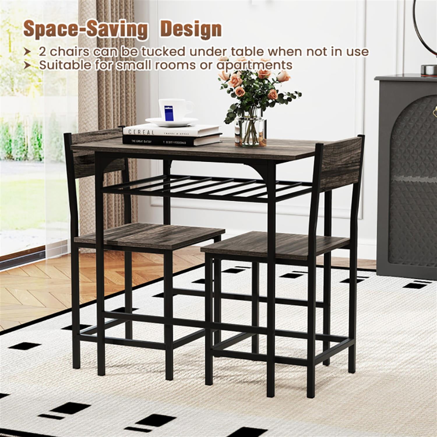 Demi Bonn 3-Piece Dining Table Set with 2 Chairs, 31" Kitchen Table with Metal Frame and Storage Rack, Perfect for Small Space, Gray