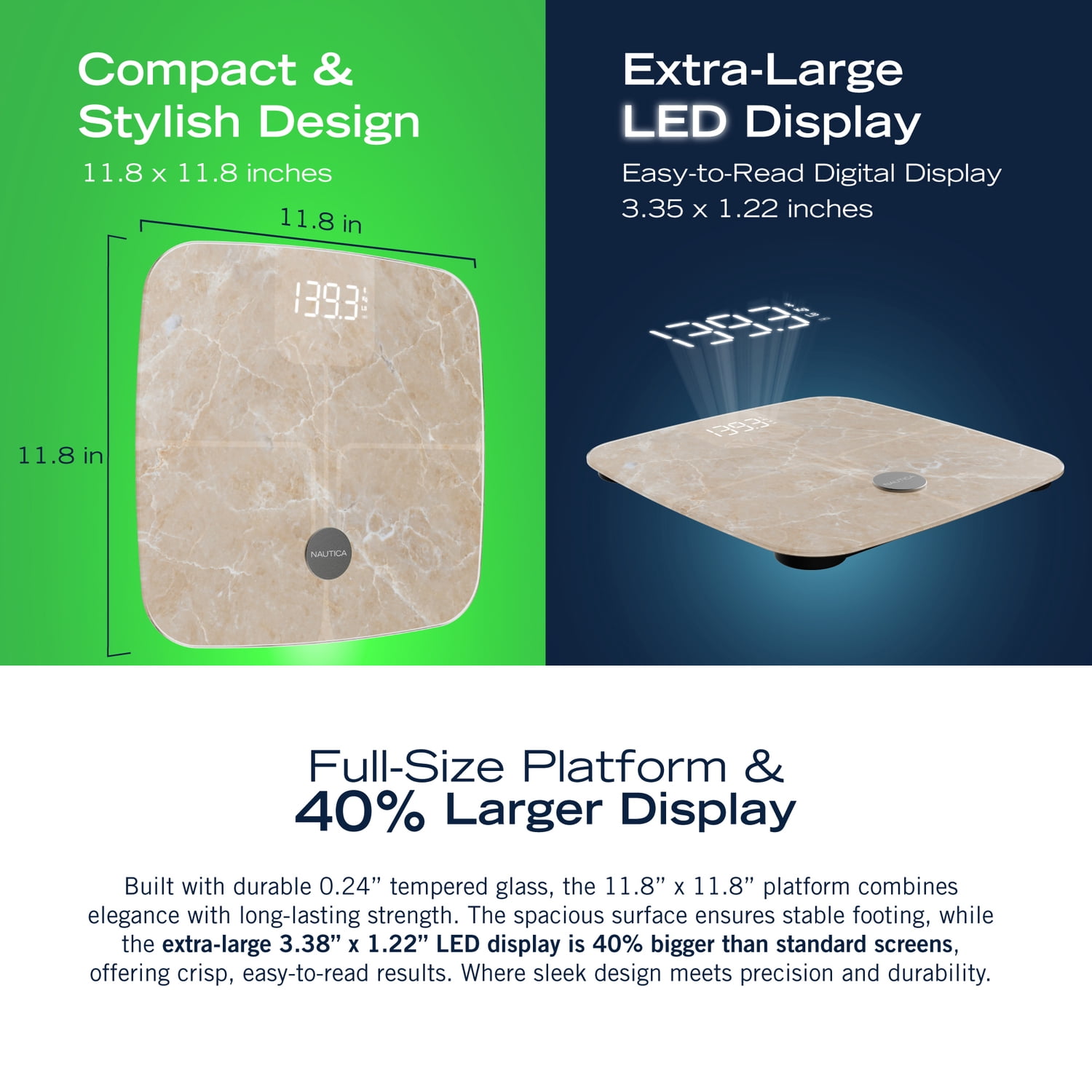 Nautica App Compatible LED Body Composition Scale with Bluetooth , Quartz Stone , 396 lb Capacity