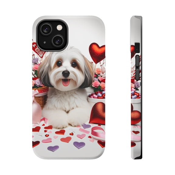 DistinctInk MagSafe Tough Case for Apple iPhone 15 (6.1" Screen) - Valentine's Day Havanese - Wireless Charging Compatible