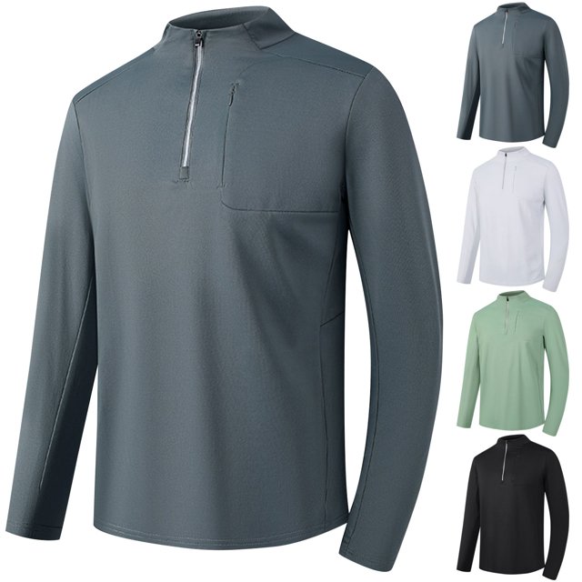 BADHUB Men's Quarter Zip Workout Shirts Big & Tall Quick Dry Sun Protection Long Sleeve Golf Pullover Athletic T-Shirts Gray L