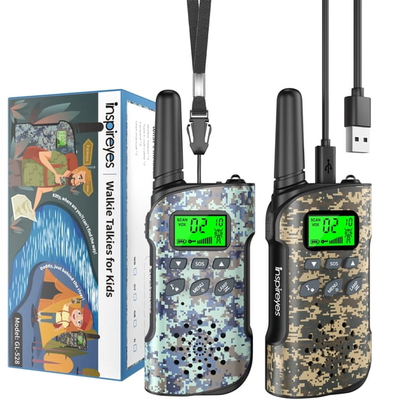 Walkie Talkies Inspireyes recargables para niños, paquete de 2 camuflajes