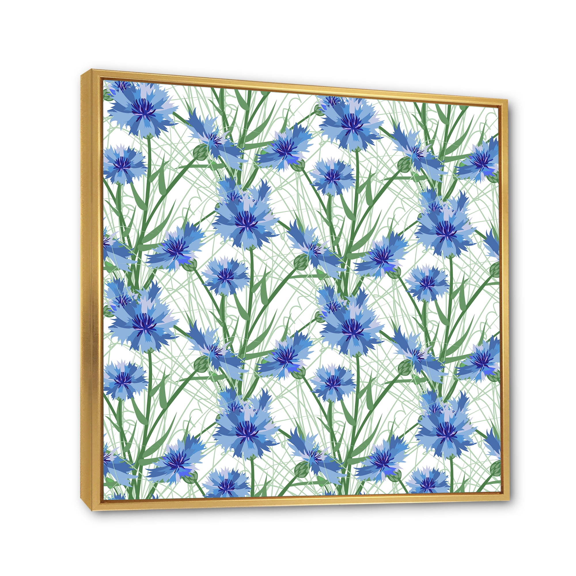 Designart 'Blue Cornflowers With Green Leaves On White I' Traditional Framed Canvas Wall Art Print
