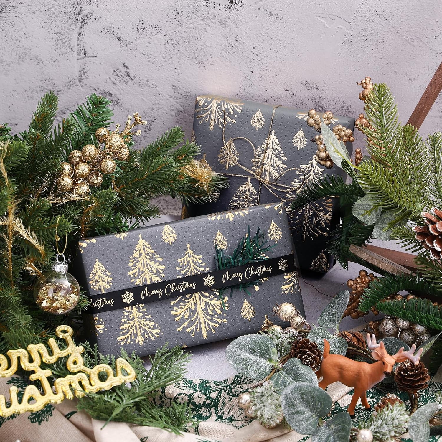 3D Kraft Christmas Wrapping Paper Roll - Mini Roll - 17 Inch x 16.5 Feet - Gold and Dark Grey Christmas Tree Wrapping Paper with Embossed Perfect for Holiday, Party Celebration
