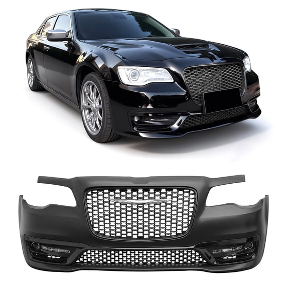 Ikon Motorsports Front Bumper Cover Fits 2015-2023 Chrysler 300, Sport Style Unpainted Black PP Replacement Bumper Conversion with DRL, Fog Light, Matte Black Grille