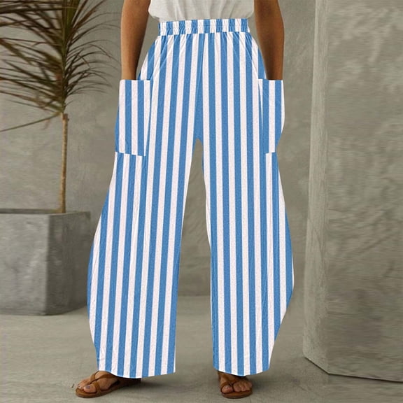 Jjayotai Women's Striped Print Baggy Pants, High Waist Wide Leg Loose Fit Trousers with Pockets Blue M