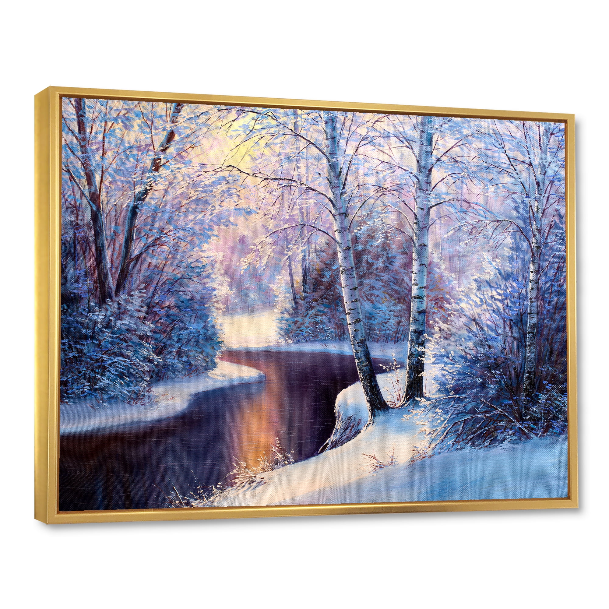 Designart 'Christmas Forest With Trees and River I' Traditional Framed Canvas Wall Art Print