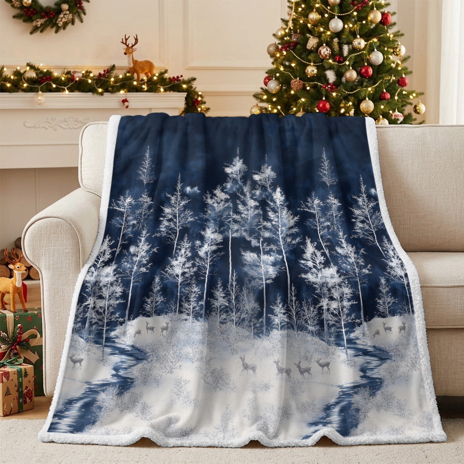 Sherpa Blankets Fleece Throw Blanket Reversible Soft Cozy Bed Blankets Winter Forest Elk Pine Trees,Flannel Sofa Throws,Snowfield Reindeer Trees Fuzzy Warm Blankets for Couch,50x60in