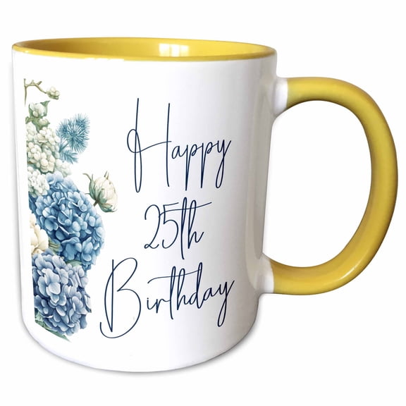 3drose, Pretty Blue Hydrangea Happy 25th Birthday, 11oz Two-tone Yellow Mug