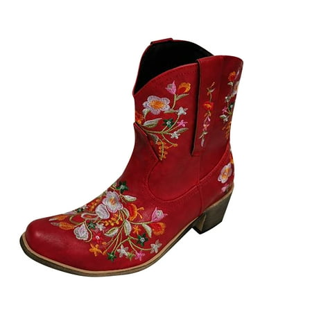 

Lanhui Women Fashion Embroidered Cowboy Riding Boots Casual Warm Middle Heels Middle Tube Short Boots Shoes