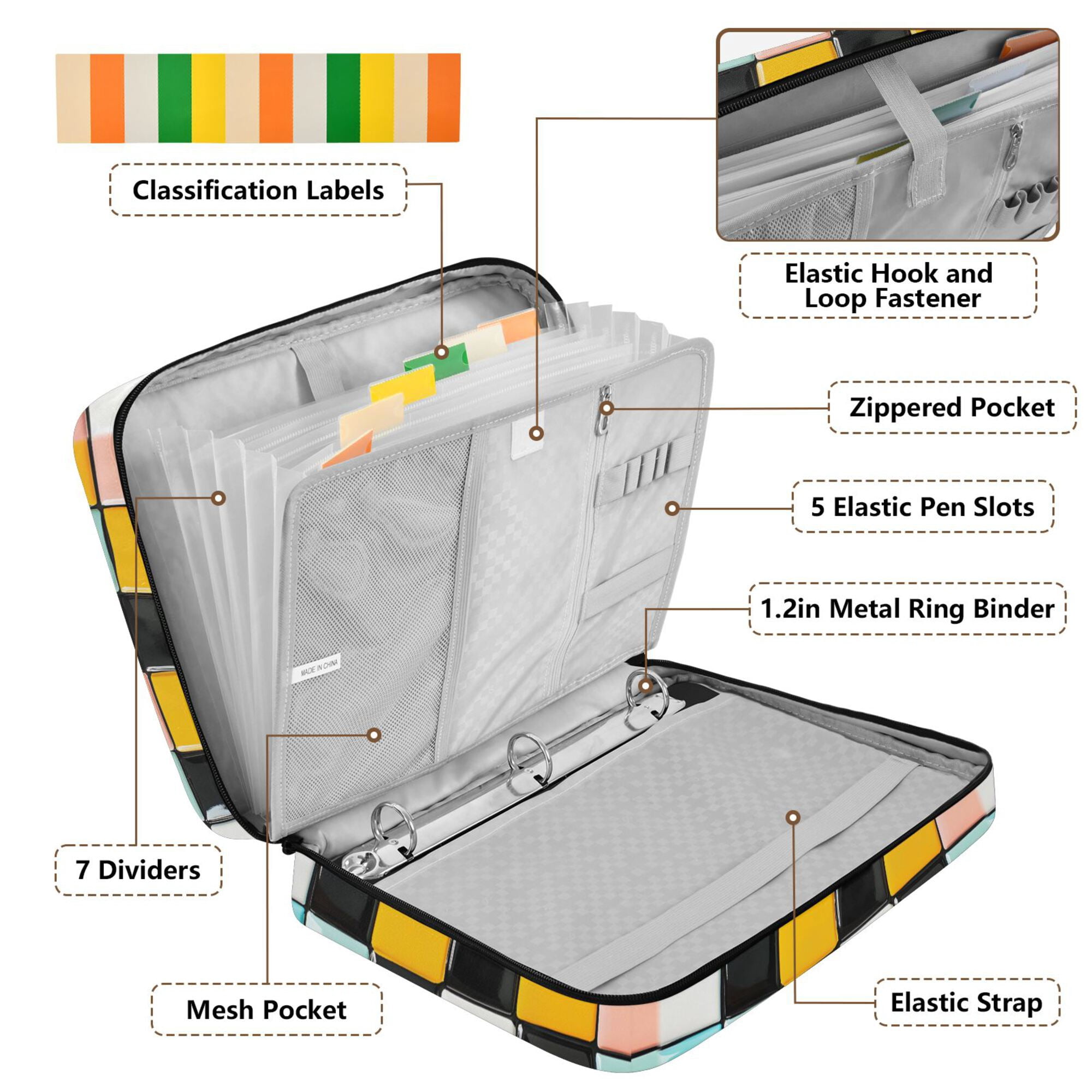 FORMRS Accordion File Folder A4 Size 7-Pocket Expanding Document Organizer Bag with 3 Ring Binder, Yellow Checkered Pattern
