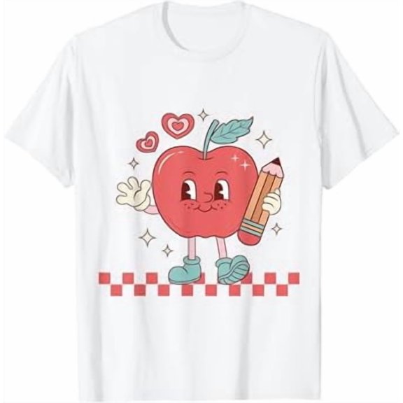 Cute Retro Checkered Apple with Face Teacher Pencil Trendy T-Shirt