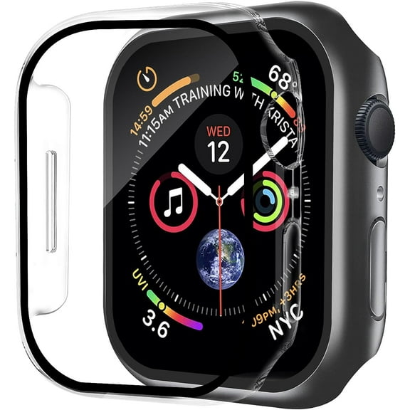 PINHEN 2 Pack Case Built in Tempered Glass Screen Protector Compatible with Apple Watch Series 9/Series 8 /Series 7 41mm, Hard PC Case Overall Protective Cover- 1 Black 1 Transparent