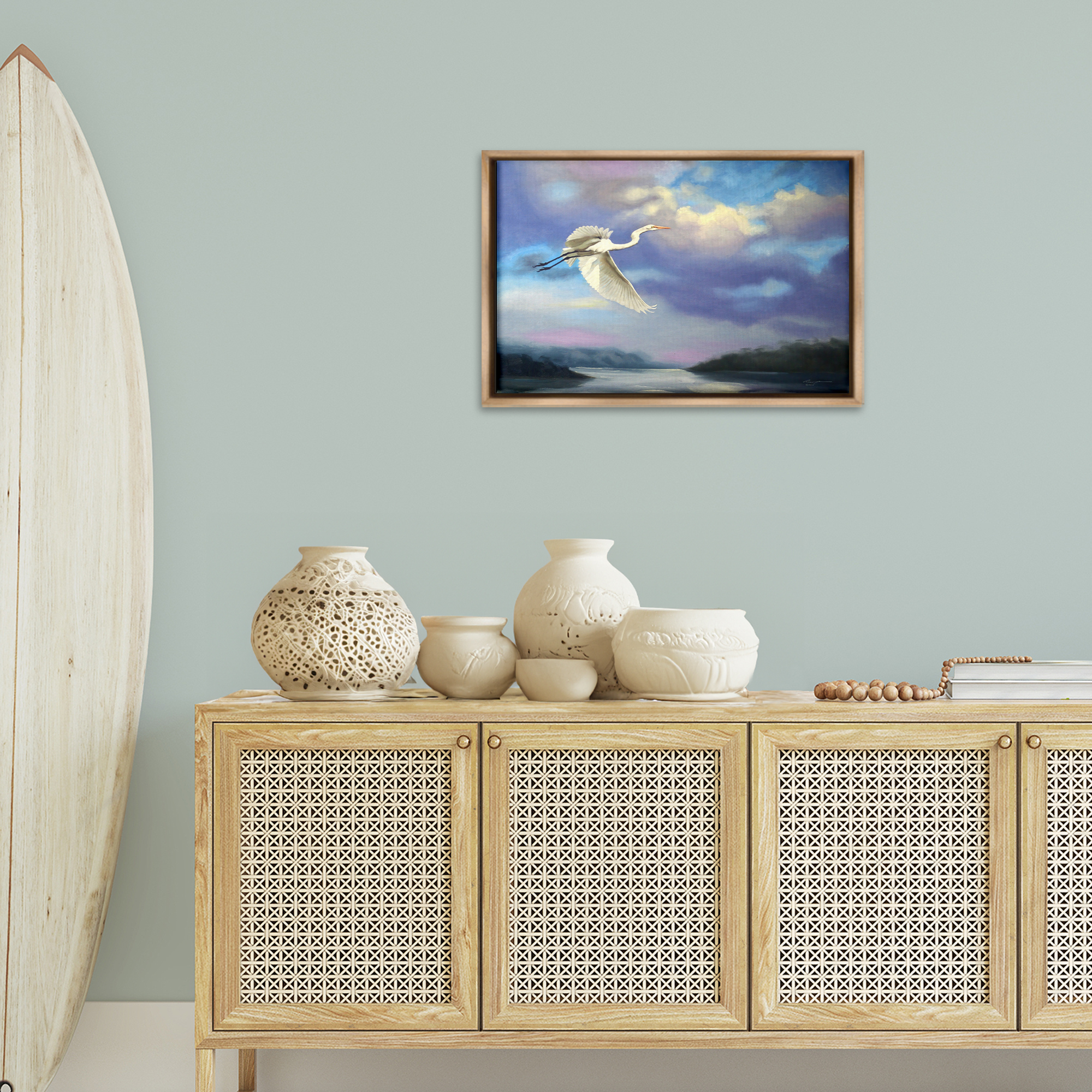 Stupell Industries Egret Over Clouds Landscape Painting Brown Floater Framed Canvas Art Print Wall Art, 25 x 17
