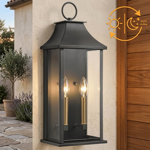 Lawyettle Dusk to Dawn Outdoor Wall Light Fixtures, 20.6" Large 2-Light Black Waterproof Wall Sconce with Glass for House, Porch, Garage