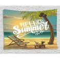 thumbnail image 1 of Hello Tapestry, Seashore with Palm Tree and Chair Illustration with Hello Summer Calligraphy Print, Wall Hanging for Bedroom Living Room Dorm Decor, 80W X 60L Inches, Multicolor, by Ambesonne, 1 of 2