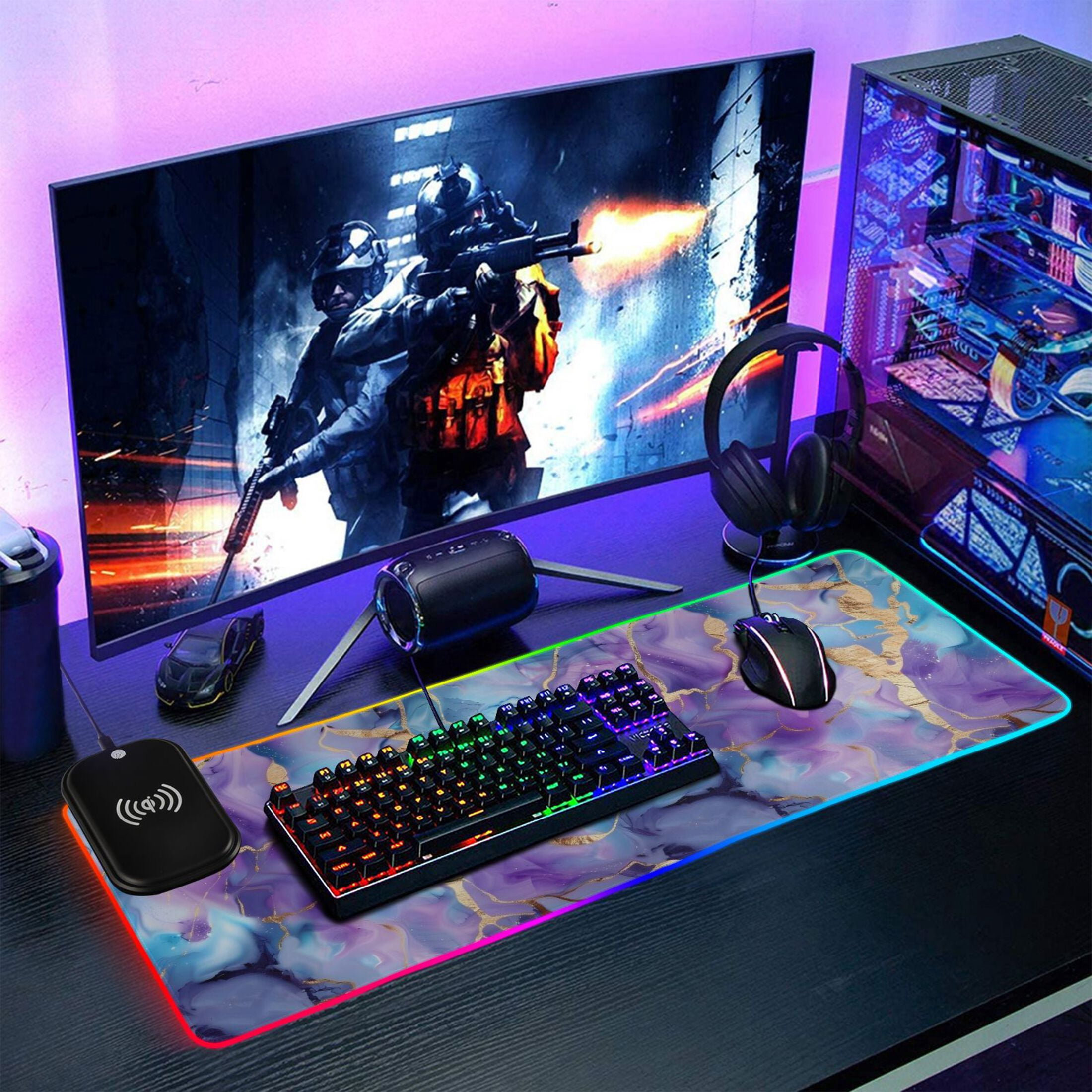 Wireless Charging Mouse Pad Large RGB Gaming Desk Mat 13 Light Modes Mousepad 35.4x15.7 Blue Purple Marble
